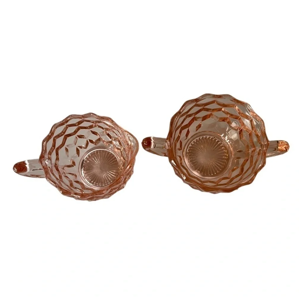 Pink Depression Glass Cube Pattern Sugar & Creamer Set